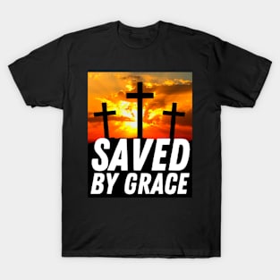 Saved By Grace - 3 Cross With Sunset - Christian T-Shirt